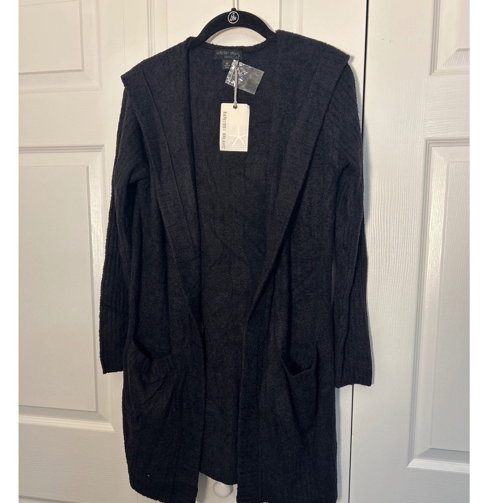 Barefoot Dreams CozyChic Lite Relaxed Hooded Cardi Black QVWCL1324 XS NWT